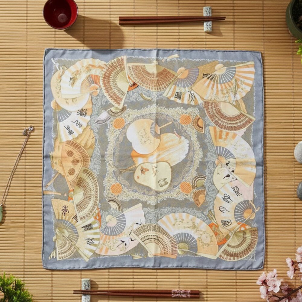 NWT 100% Silk Large Square Scarf - 40" x 40" - Floral Fan & Oriental Print